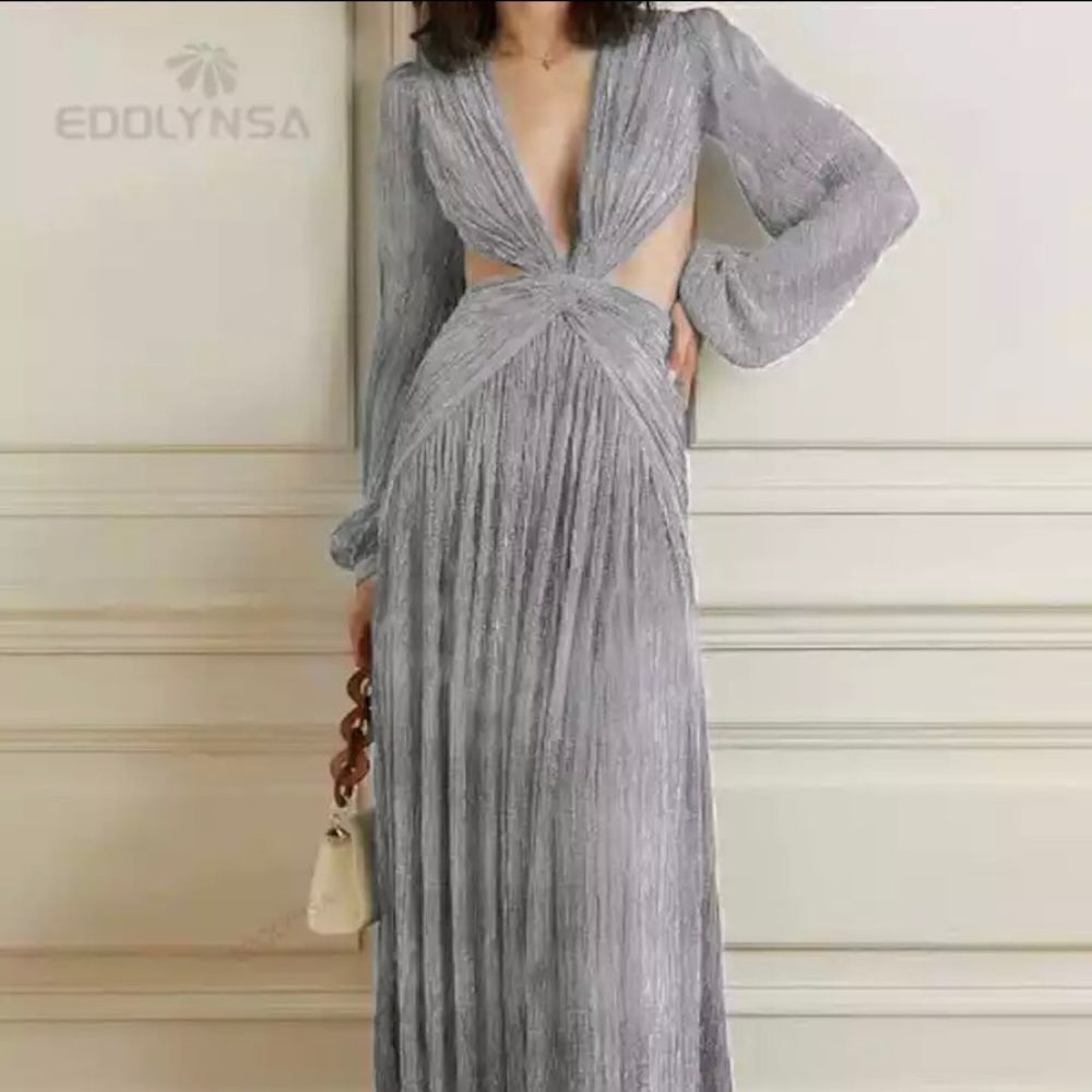 Edolynsa Silver Plisse Maxi Dress with Cutout Detail